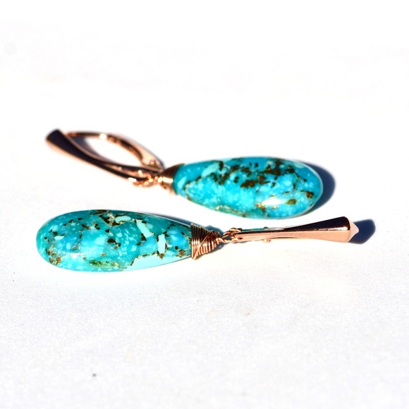 Natural Turquoise Earrings Handcrafted 14K Rose Gold Filled, December Birthstone - Picture 5 of 5